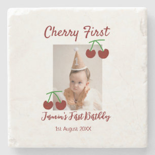 Cherry first happy birthday photo kids modern red stone coaster