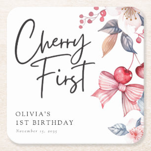 Cherry First Pink Bow Coquette 1st Birthday Square Paper Coaster