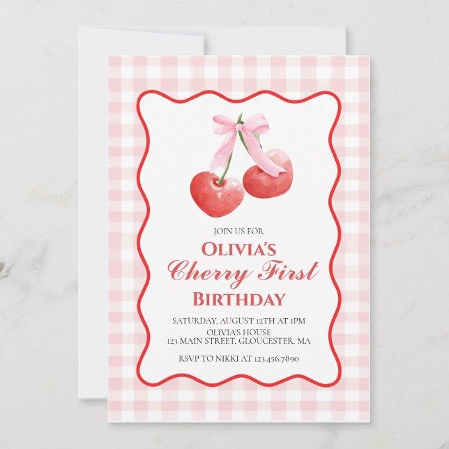 Cherry First Pink Bow preppy 1st birthday Invitation (Front)