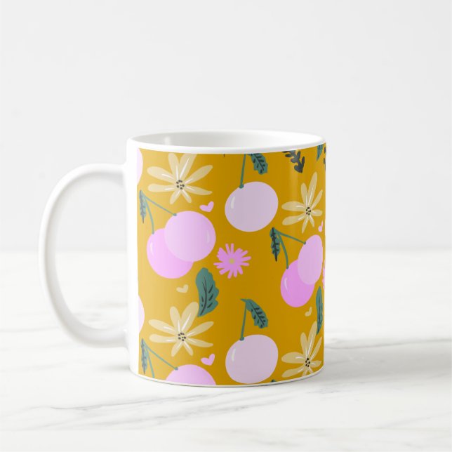 Cherry Floral Greenery Pattern Yellow Pink Coffee Mug (Left)