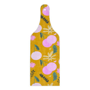 Cherry Floral Greenery Pattern Yellow Pink Cutting Board