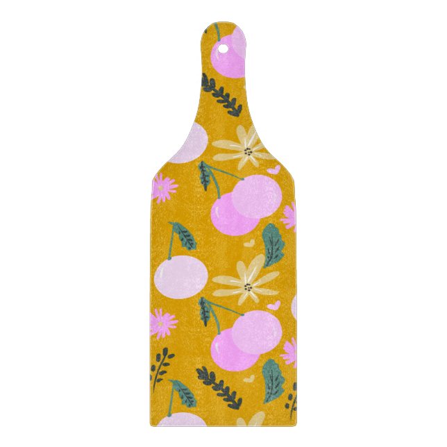 Cherry Floral Greenery Pattern Yellow Pink  Cutting Board (Front)
