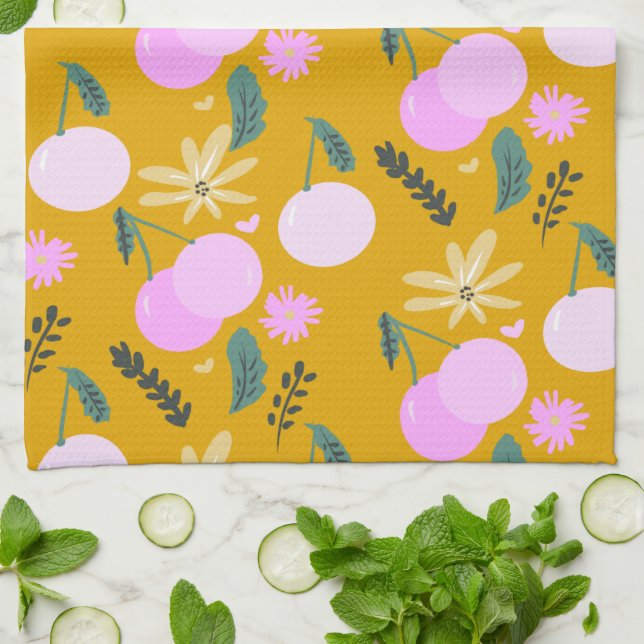 Cherry Floral Greenery Pattern Yellow Pink  Tea Towel (Folded)