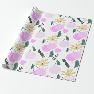 Cherry Floral Greenery Yellow Pink Hearts Patter Wrapping Paper