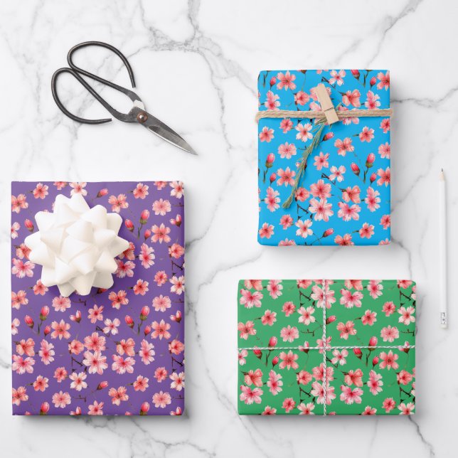 Cherry flowers Green , Blue, Purple Background. Wrapping Paper Sheet (Front)