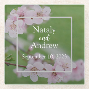Cherry flowers on green background Floral Wedding Glass Coaster