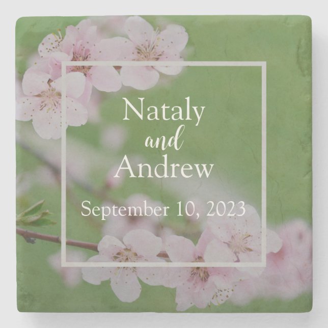 Cherry flowers on green background Floral Wedding Stone Coaster (Front)