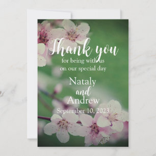 Cherry flowers on green background thank you card