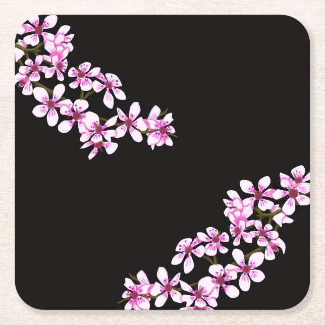 cherry flowers square paper coaster (Front)