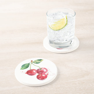 Cherry Fruit Cherries Watercolor Kitchen Sandstone Coaster