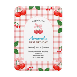Cherry Fruit First 1st Birthday Girl Invitation Magnet