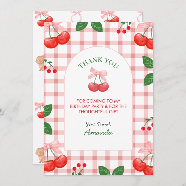 Cherry Fruit First Birthday Party Thank You Card (Front/Back)