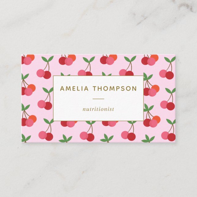 Cherry Fruit Pattern in Pink and Red Personalised Business Card (Front)