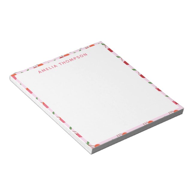 Cherry Fruit Pattern in Pink and Red Personalised Notepad (Angled)