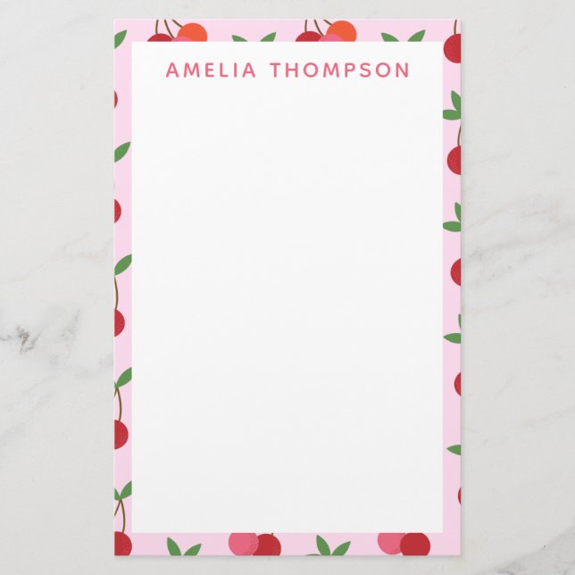 Cherry Fruit Pattern in Pink and Red Personalised Stationery (Front)