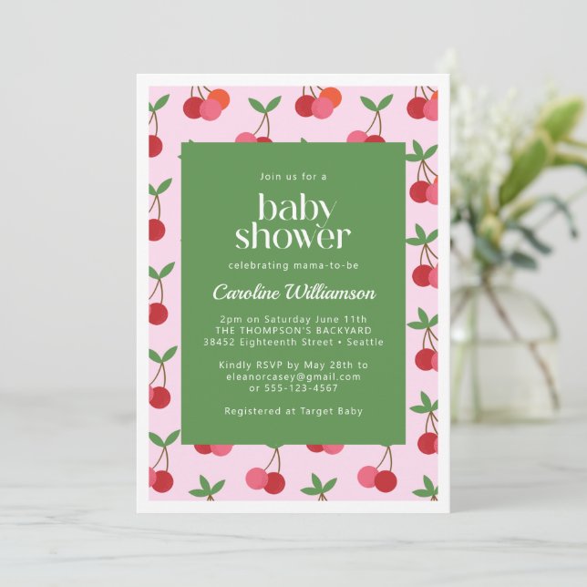 Cherry Fruit Red Pink Green Cute Baby Shower Invitation (Standing Front)