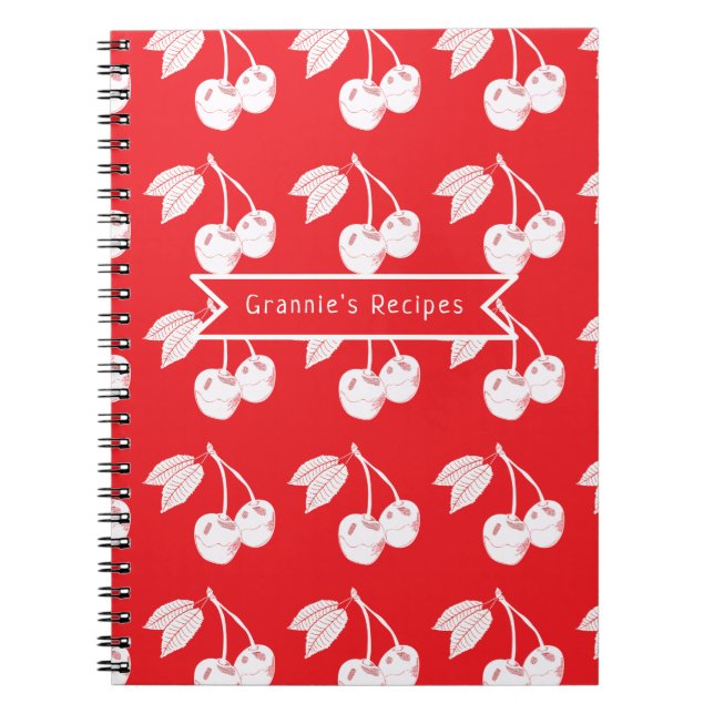 Cherry Fruit Woodcut Pattern Personalised Notebook (Front)