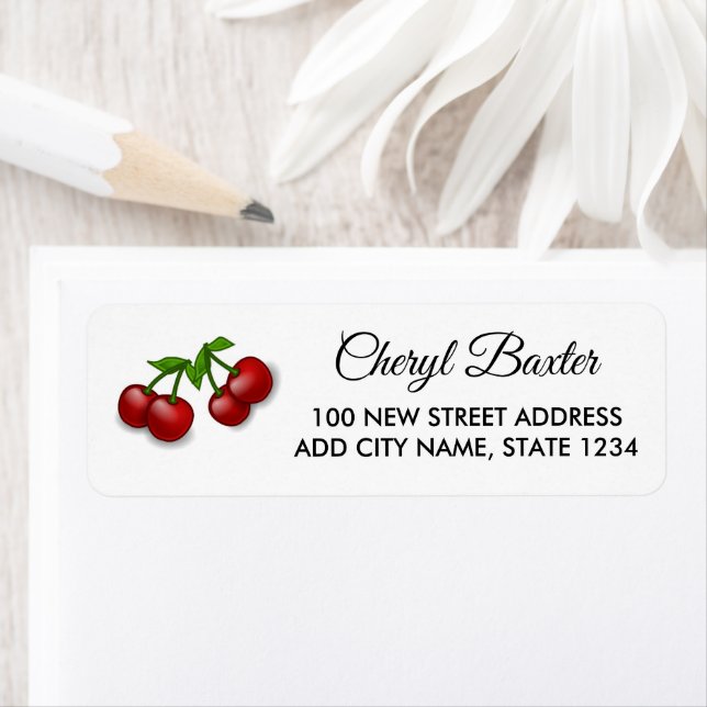 Cherry fruits on white return address label (Insitu)