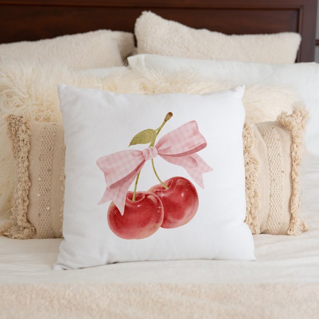 Cherry girl room decor, Pink Coquette Bow Cherry Cushion (Creator Uploaded)