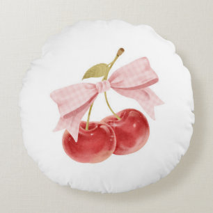 Cherry girl room decor, Pink Coquette Bow Cherry Round Cushion