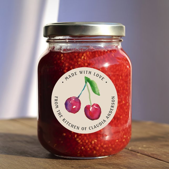 Cherry Jam and Cookie Labels, From the Kitchen Of Classic Round Sticker (This cherry jam label features two watercolor cherries -- my own original hand-painted artwork.)