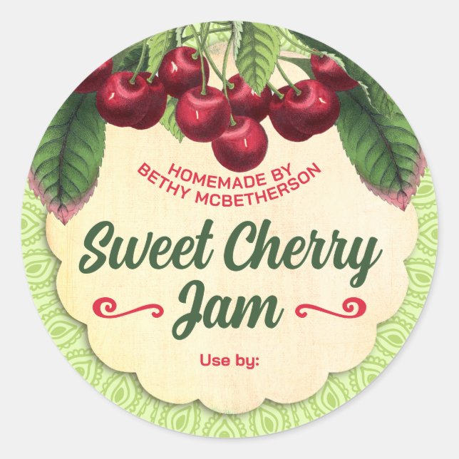 Cherry jam jelly pie filling cherries home canning classic round sticker (Front)