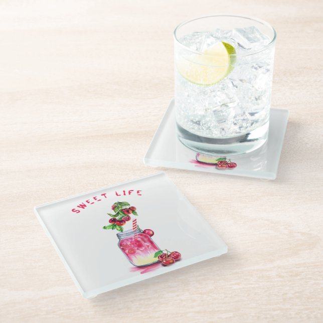 Cherry Juice Drink Glass Coaster o Custom Text (Angled)