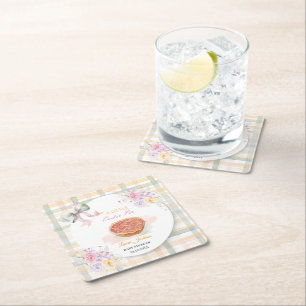 Cherry Little Cutie Pie Pastel Gingham Baby Shower Square Paper Coaster