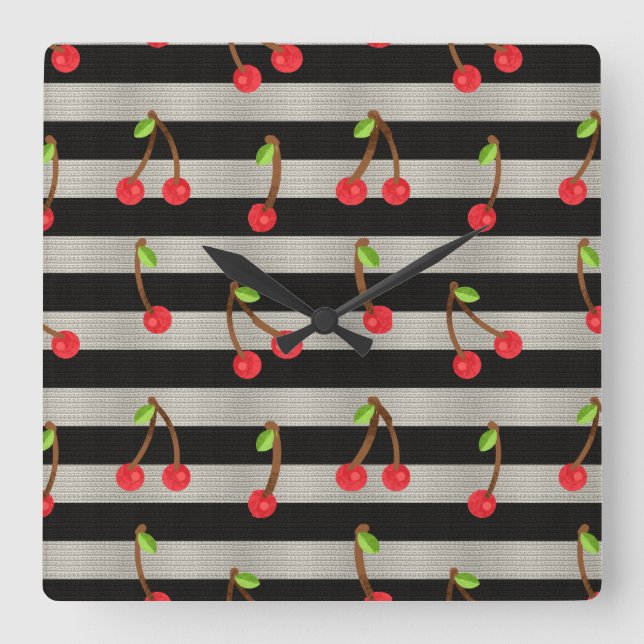 Cherry Modern Black & White Stripes Square Wall Clock (Front)