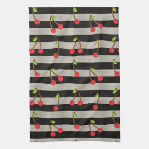 Cherry Modern Black & White Stripes Tea Towel