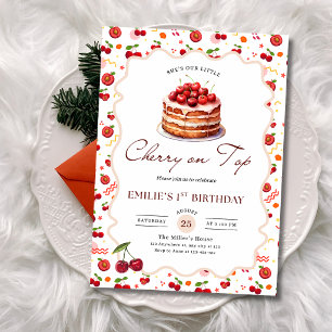 Cherry on Top 1st Birthday Girls Cherry Cake Theme Invitation