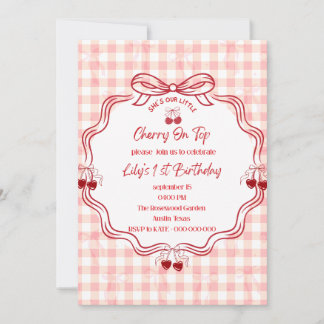 Cherry On Top 1st Birthday Invitation | Pink Gingh