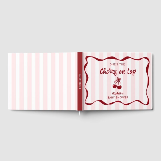 Cherry on Top Baby Shower Custom Pink Stripes Cute Guest Book (Full)