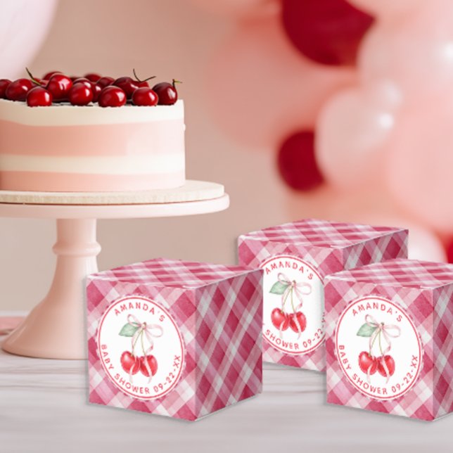 Cherry on Top Baby Shower Pink Gingham Favour Box (Favor Box)