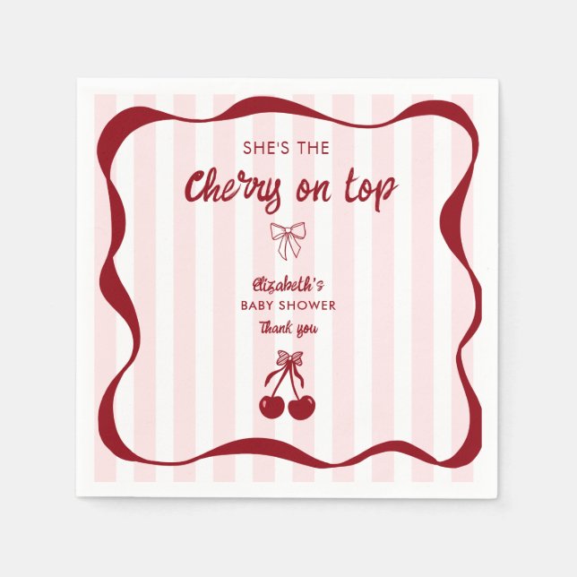 Cherry on Top Baby Shower Pink Stripes Coquette Napkin (Front)
