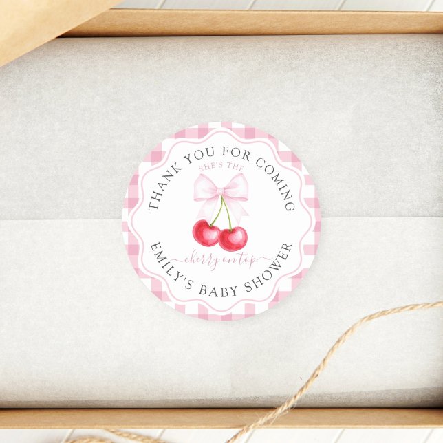 Cherry On Top Bow Baby Shower Thank You For Coming Classic Round Sticker (Creator Uploaded)