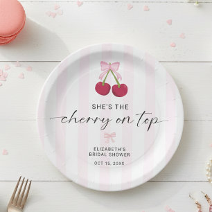 Cherry On Top Bridal Shower Coquette Bow Stripes Paper Plate