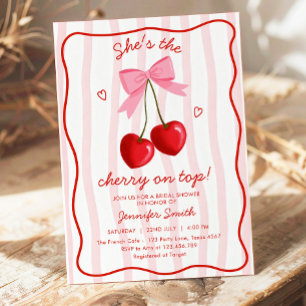 Cherry On Top Bridal Shower Cute Pink Red Bow Invitation