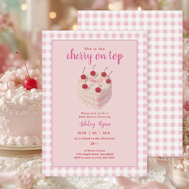 Cherry on Top Cake pink Baby Shower invitation (Creator Uploaded)