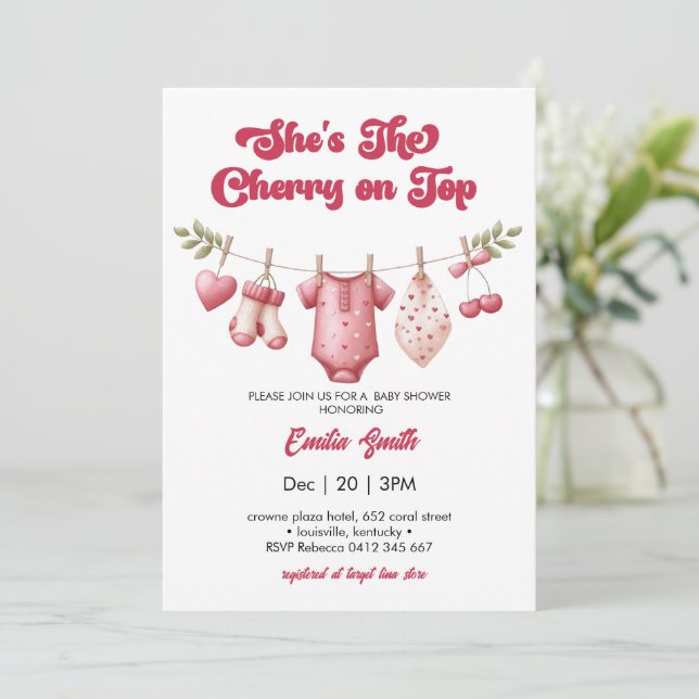 Cherry on Top clothesline Baby Shower Invitation (Standing Front)