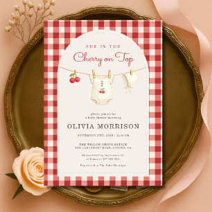 Cherry on Top Clothesline Gingham Baby Shower Invitation