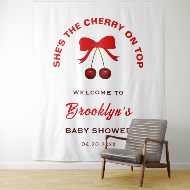 Cherry On Top Coquette Bow Baby Shower Backdrop Tapestry (In Situ)