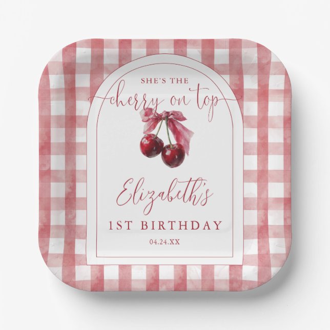 Cherry On Top Coquette Bow Birthday Paper Plate (Front)