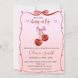 Cherry on Top Coquette Bow Cherry Girl Baby Shower Invitation