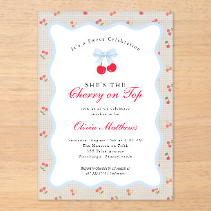Cherry on Top Coquette Bow Gingham Baby Shower  Acrylic Invitations