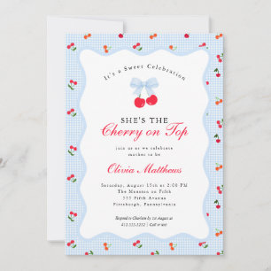 Cherry on Top Coquette Bow Gingham Baby Shower  Invitation
