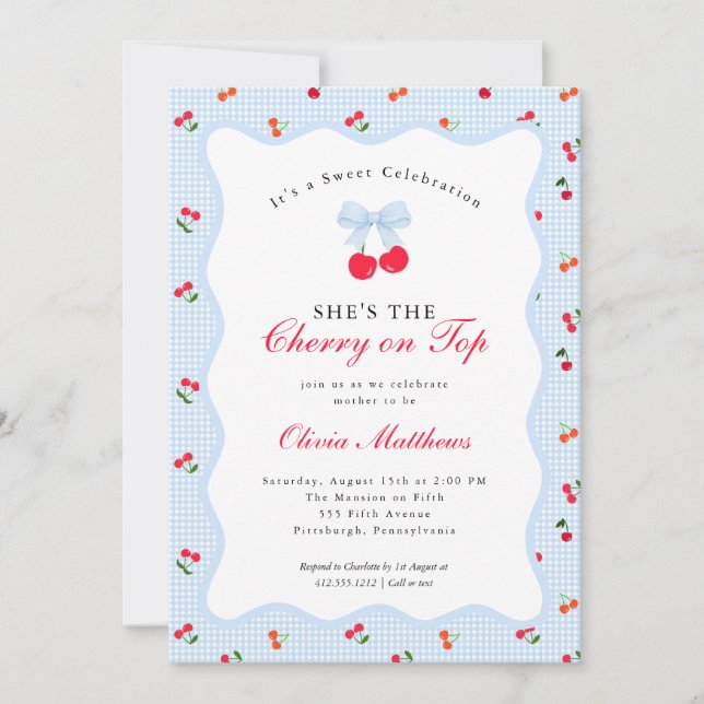 Cherry on Top Coquette Bow Gingham Baby Shower  Invitation (Front)