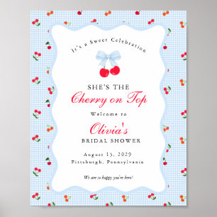 Cherry on Top Coquette Bow Gingham Baby Shower Poster