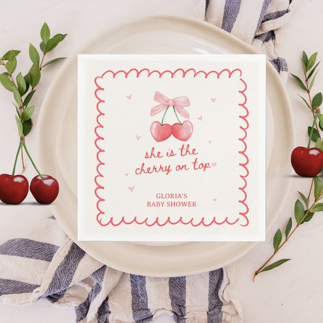 Cherry on Top Coquette Bow Girl's Baby Shower  Napkin (She is the cherry on top Baby Shower Personalized Napkins 
Decoration)