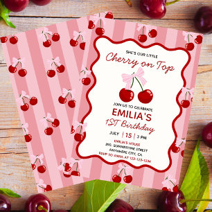 Cherry On Top Coquette Bow Pink Girl Birthday  Invitation